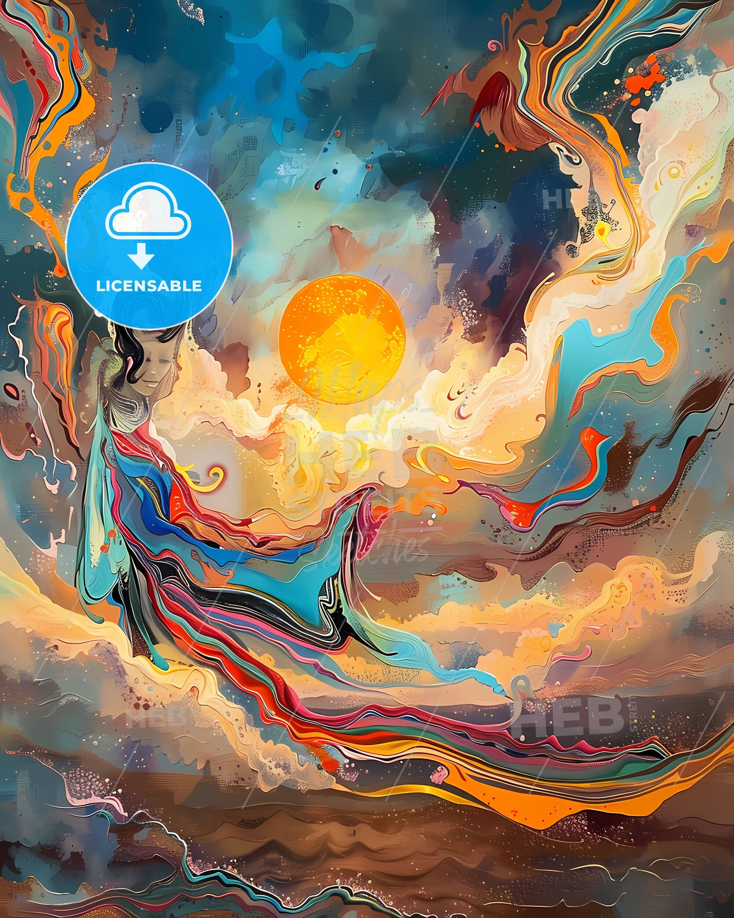 Vibrant Outsider Art Sunrise: Woman in Flowing Dress, Artistic Interpretation, Unique Perspective