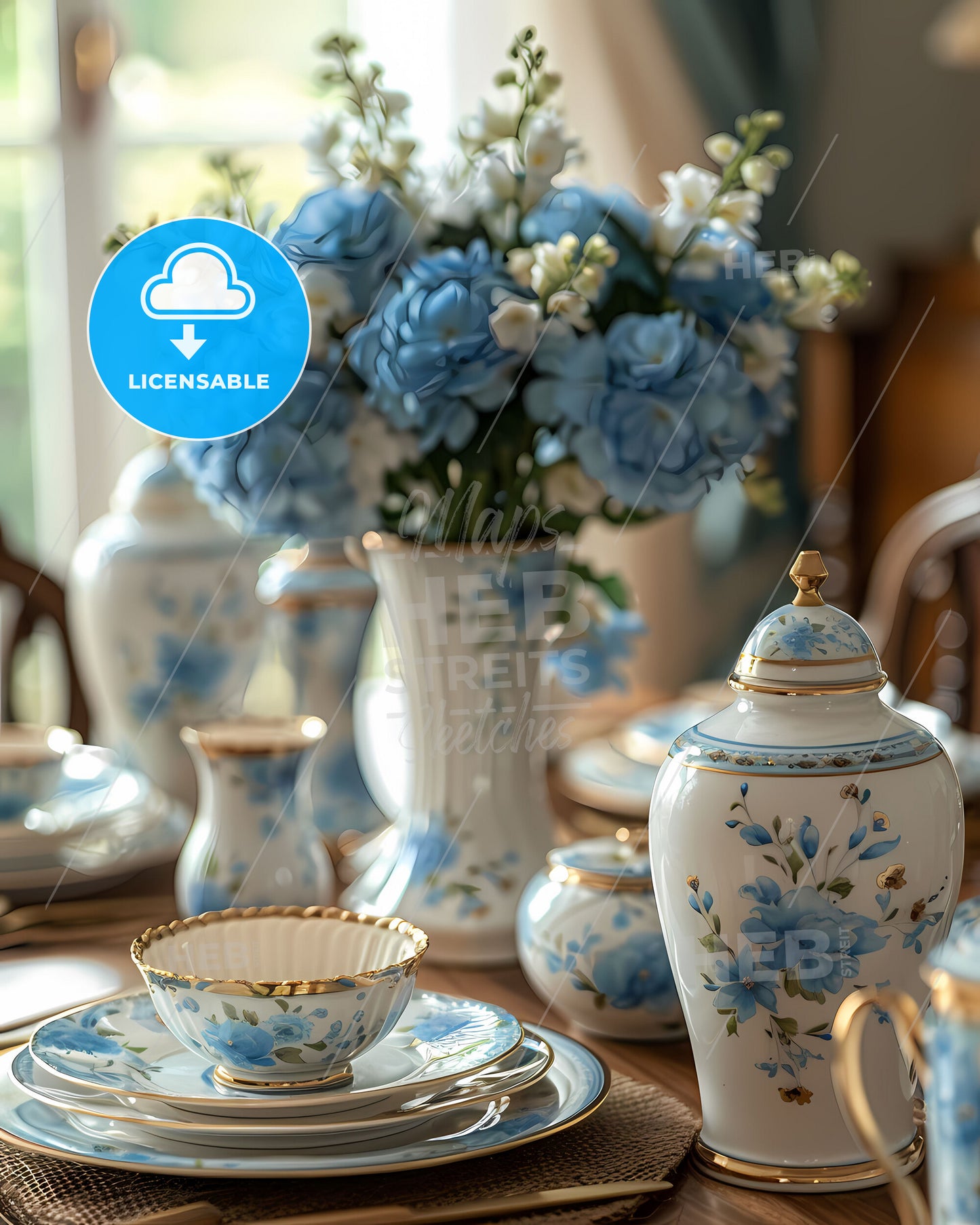 Vibrant Painting of Chinese Blue and White Chinaware, Showcasing Artistic Craftsmanship