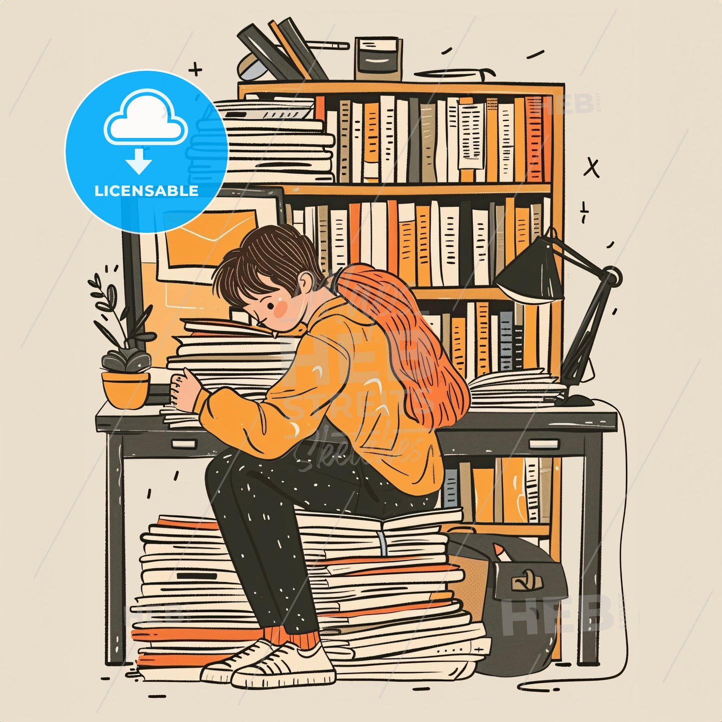 A teenager hunches over a desk - A cartoon of a woman sitting on a pile of books