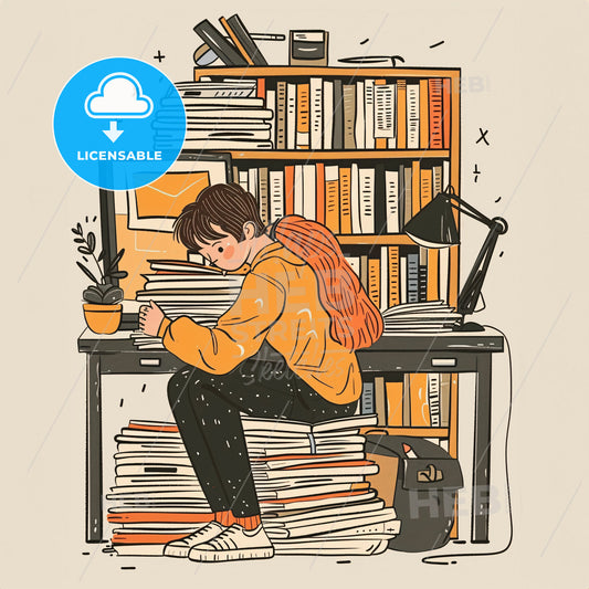 A teenager hunches over a desk - A cartoon of a woman sitting on a pile of books