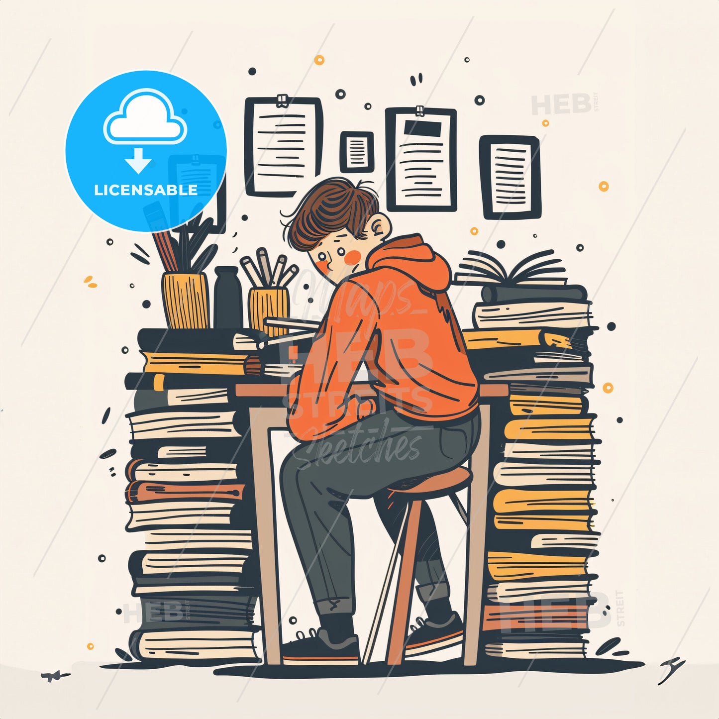 A teenager hunches over a desk - A cartoon of a boy sitting at a desk with a pile of books