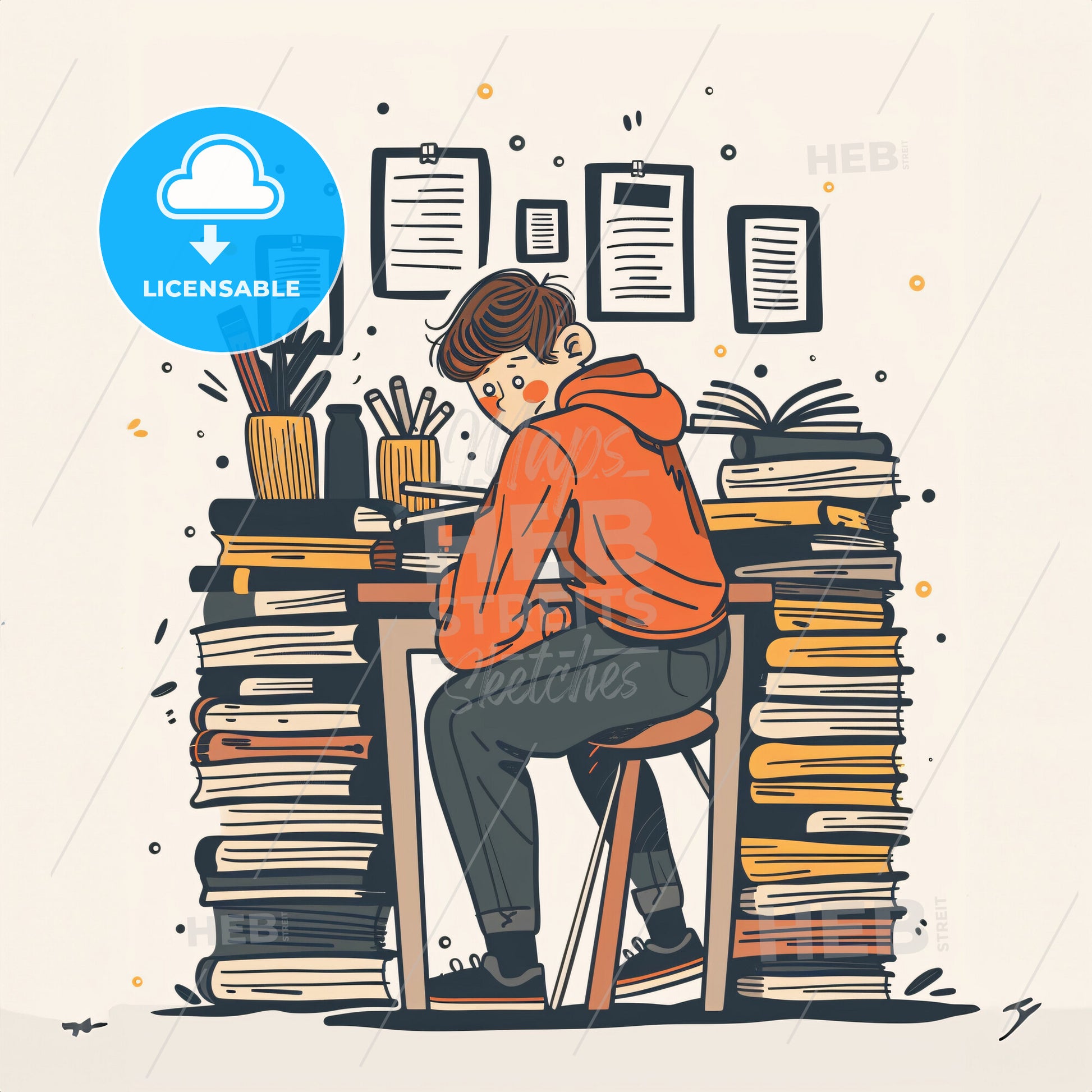 A teenager hunches over a desk - A cartoon of a boy sitting at a desk with a pile of books