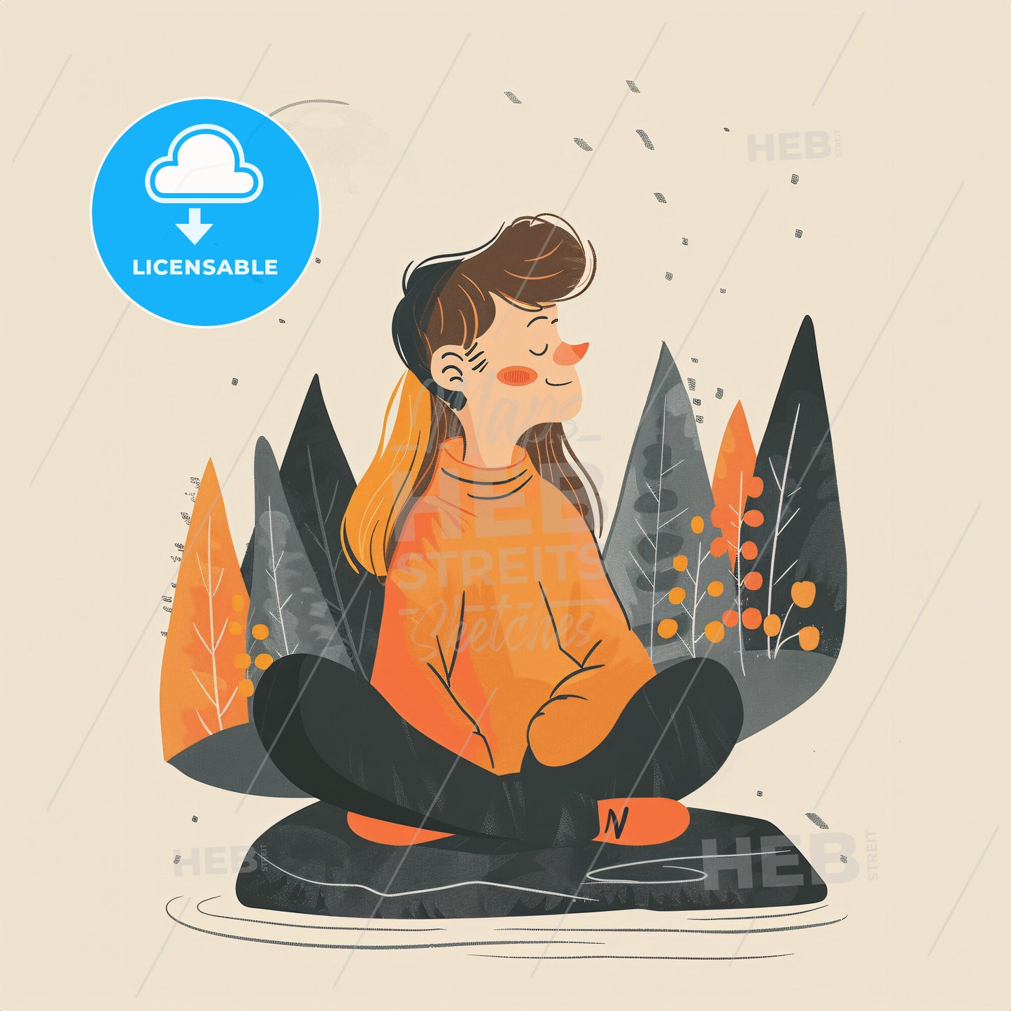 A teenager sits peacefully on a rock by a lake - A cartoon of a woman sitting on a rock