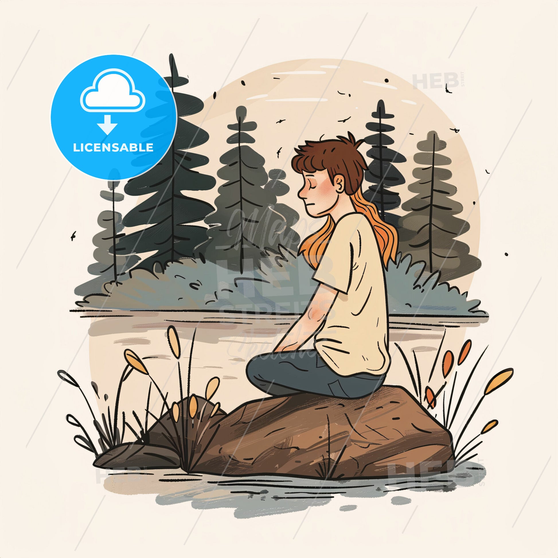 A teenager sits peacefully on a rock by a lake - A cartoon of a boy sitting on a rock by a lake