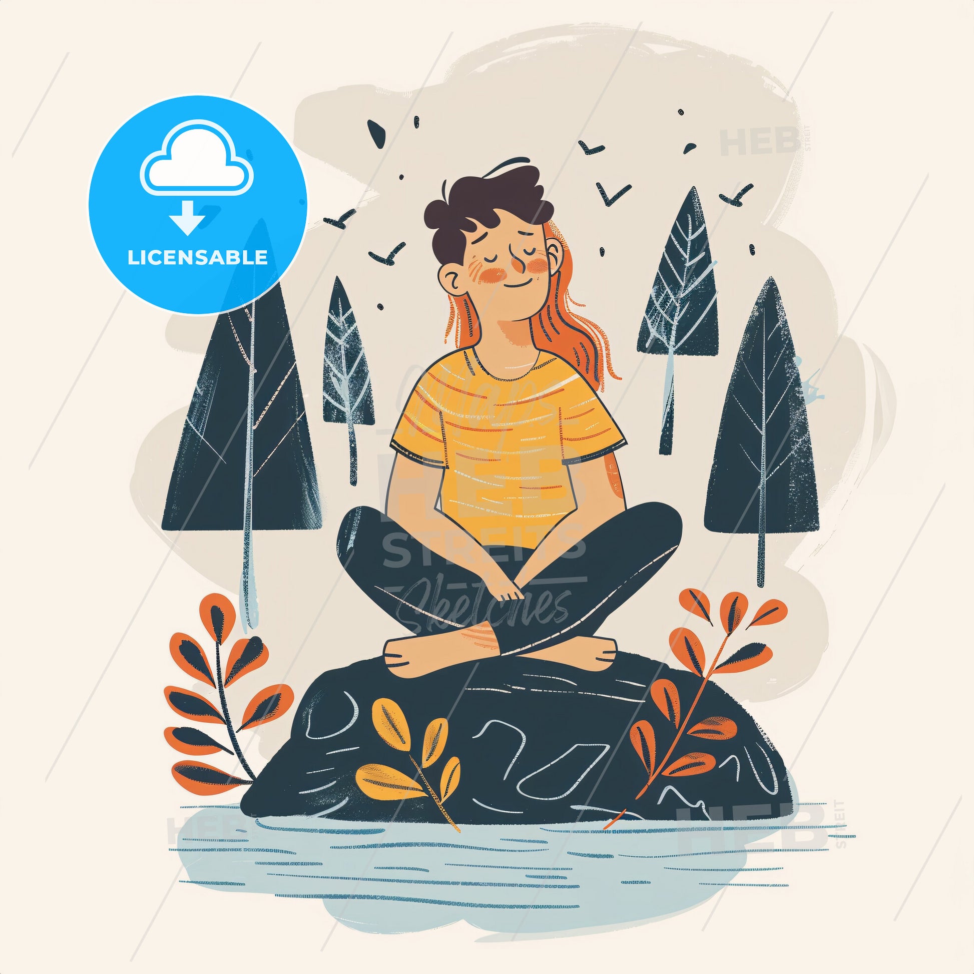 A teenager sits peacefully on a rock by a lake - A cartoon of a woman sitting on a rock