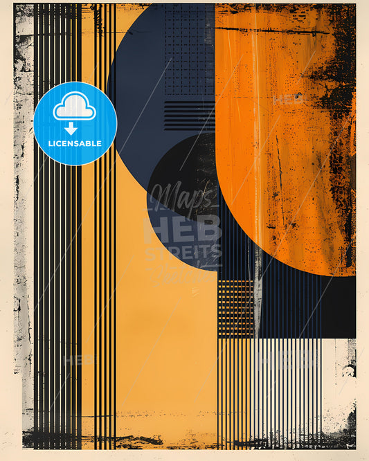 Bauhaus-Inspired Abstract Artwork: Vibrant Painting with Blue, Yellow, Orange, and Black Lines and Circles