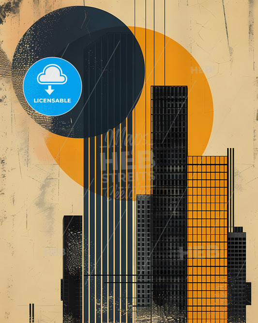 Bold Bauhaus Cityscape Painting: Vibrant Abstract Art with Geometric Shapes, Yellow Circle, and Black Accents