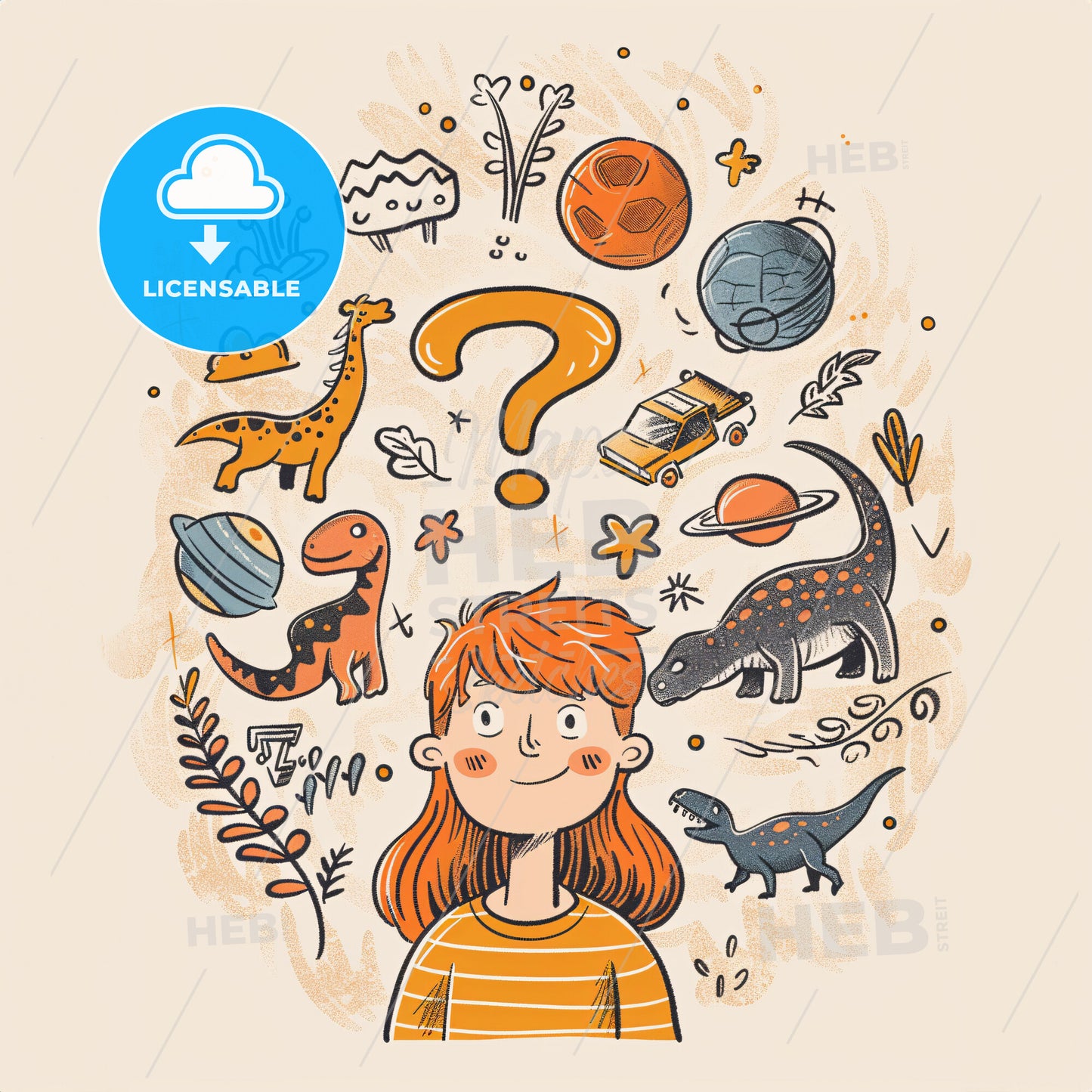 A Thought Bubble With A Question Mark Floating Above A Childs Head - A Cartoon Of A Girl With Many Different Objects Around Her