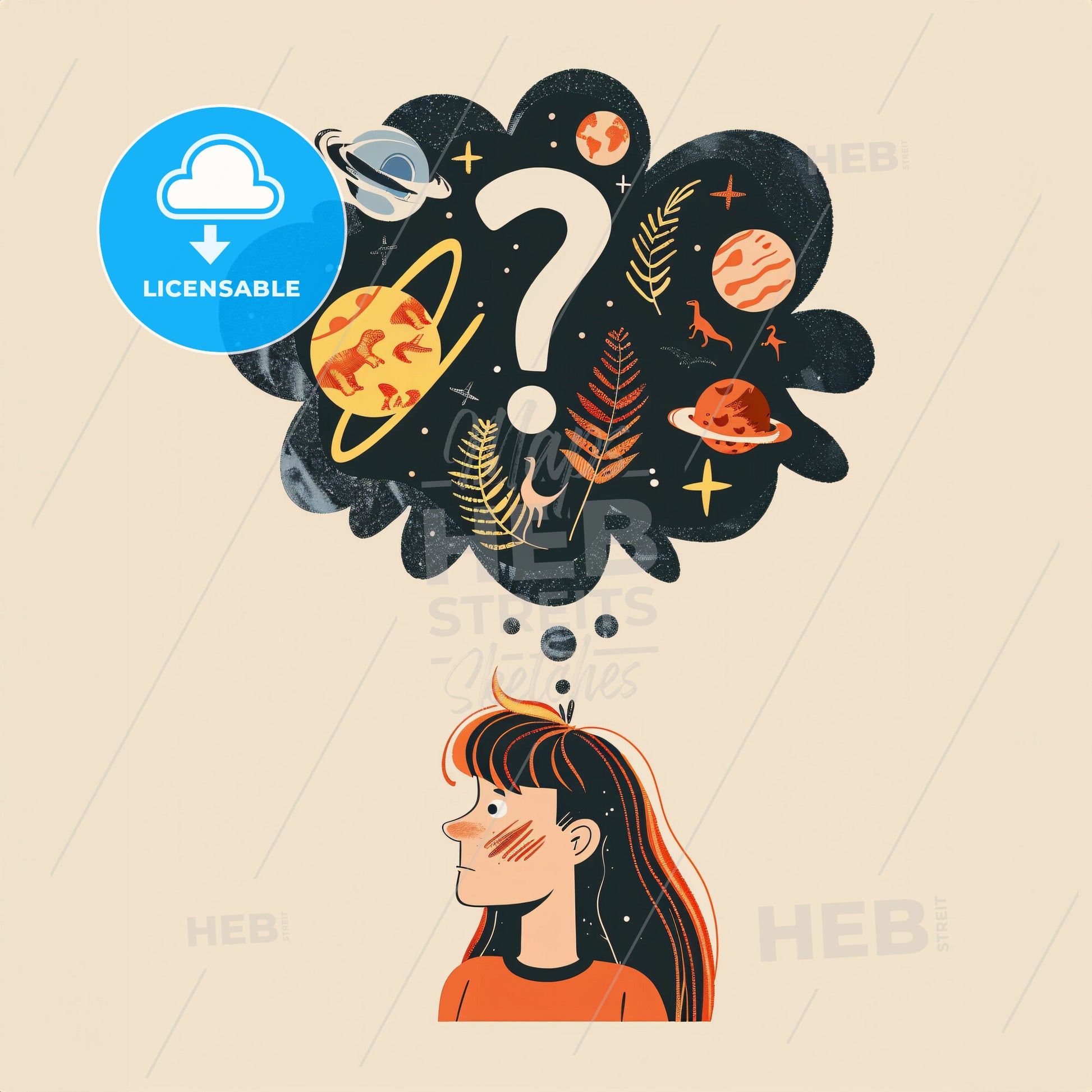 A thought bubble with a question mark floating above a childs head - A cartoon of a woman thinking about space