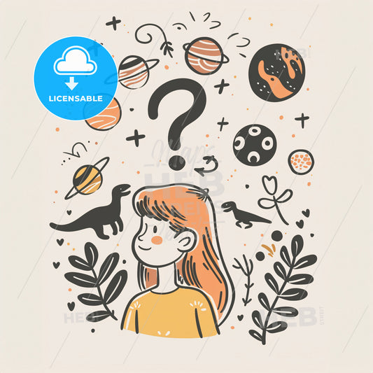 A thought bubble with a question mark floating above a childs head - A cartoon of a girl with a question mark above her head