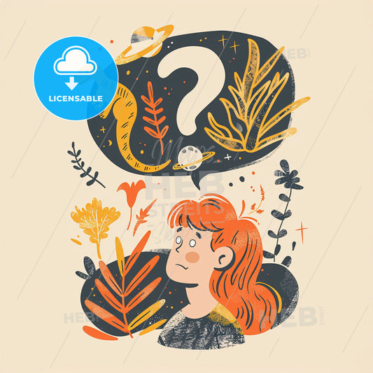 A thought bubble with a question mark floating above a childs head - A cartoon of a woman thinking