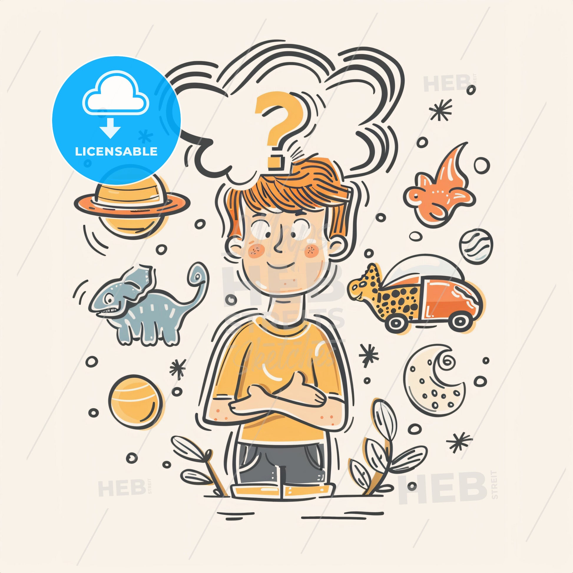 A Thought Bubble With A Question Mark Floating Above A Childs Head - A Cartoon Of A Boy With His Arms Crossed