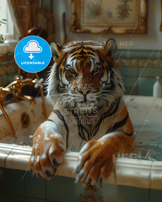 Whimsical Transgressive Art of a Tiger in a Bathtub, Storybook Illustration, HD Behance, Ambient Occlusion