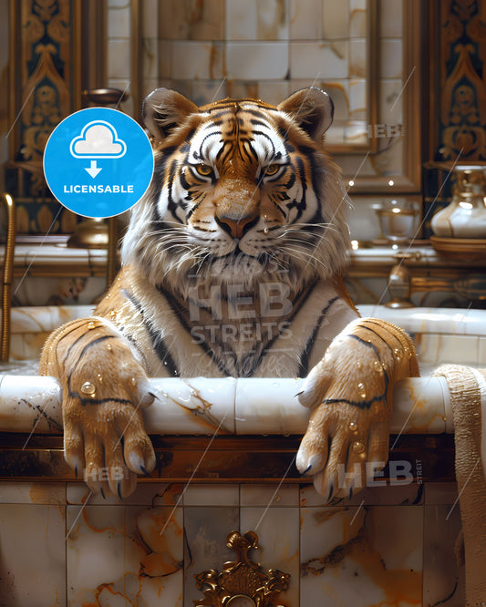 Surreal Whimsical Tiger in Bathtub Painting, Transgressive Art for Behance, Ambient Occlusion