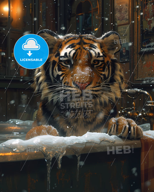 Whimsical Tiger Soaking in a Bathtub: Transgressive Storybook Illustration with Vibrant Colors and Ambient Occlusion
