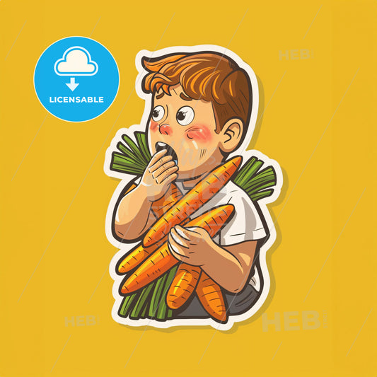 a toddler at his eating place eats carrots - A cartoon of a boy holding a bunch of carrots