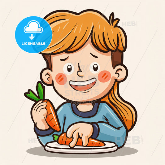 a toddler at his eating place eats carrots - A cartoon of a girl holding a carrot