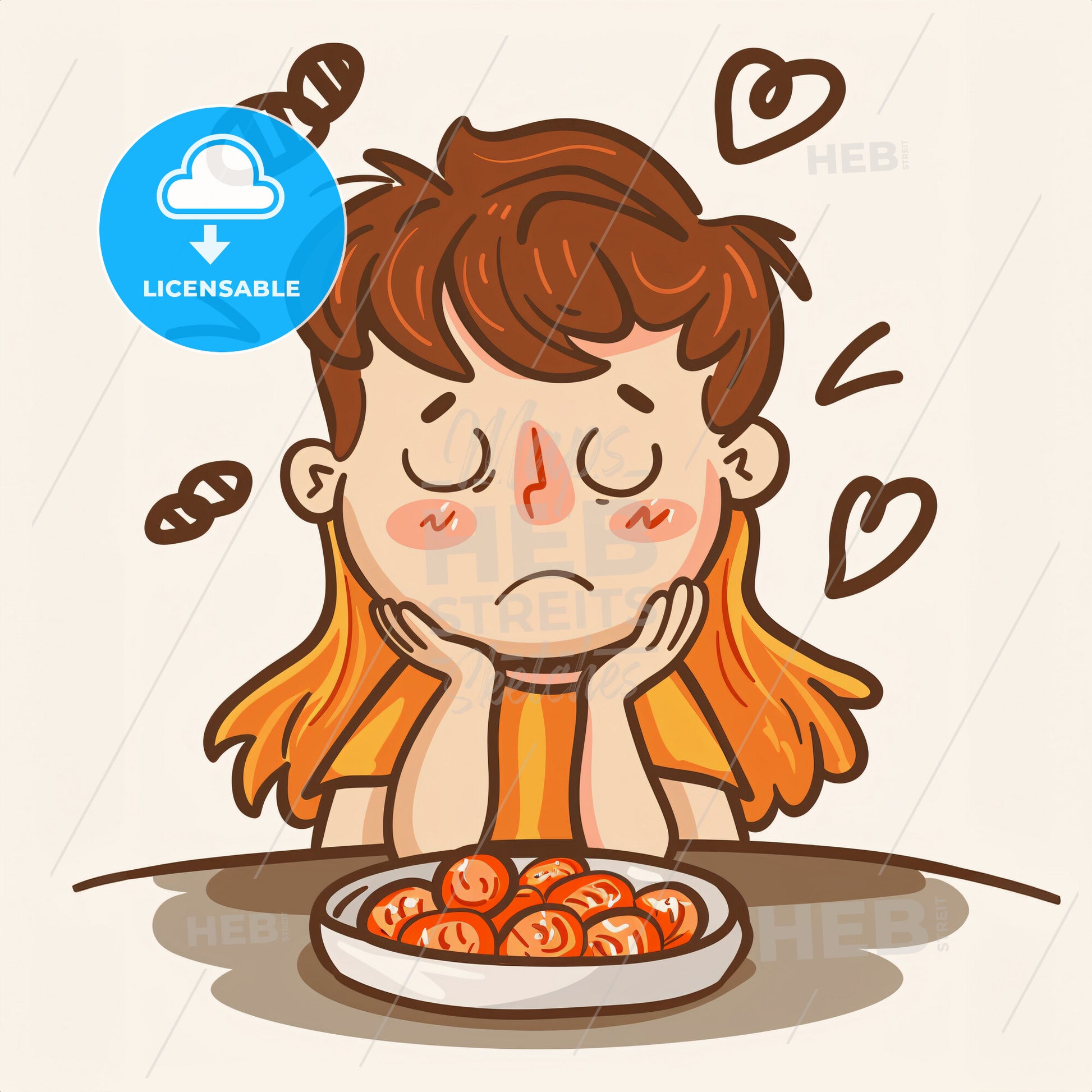 a toddler at his eating place eats carrots - A cartoon of a girl with her hands on her cheeks