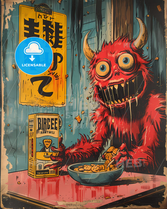 Utopian Vintage 1980s Breakfast Cereal Ad: Creepy Monster, Pop Culture Icons, 1950s Comic Book Style, Pink Teal Packaging, Vibrant Art
