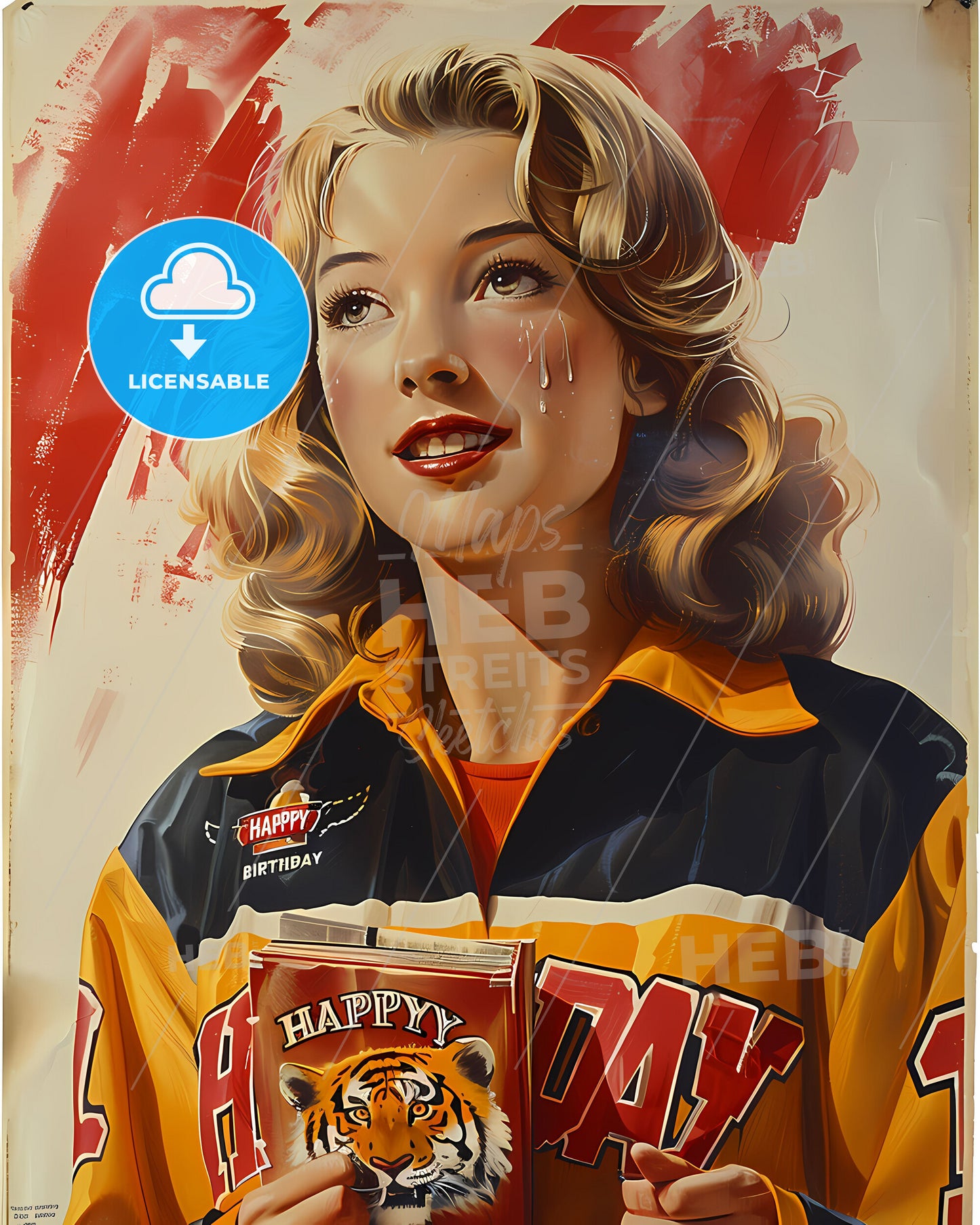 Utopian Vintage 1980s Horror Movie Princess Advertising - Happy Birthday Packaging with Blonde Princess in Ice Hockey Uniform and Tiger Logo. 40 Years Specialism Illustration.