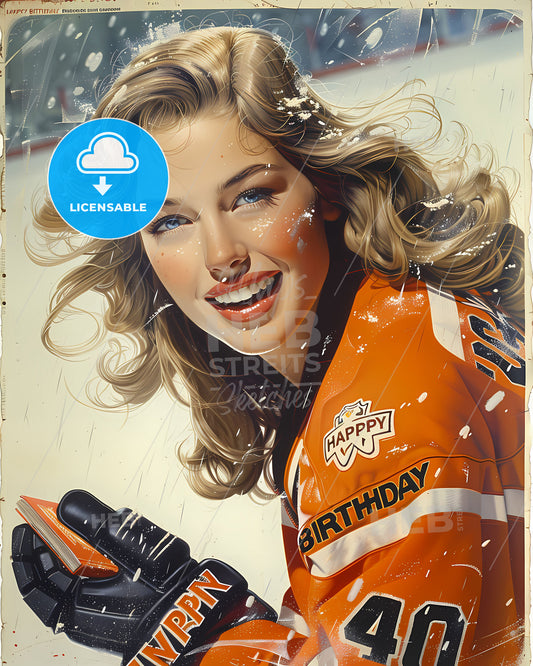 Utopian 1980s Horror Movie Ad: Vintage Ice Hockey Princess, Blonde with Tiger Logo Uniform & Book. Bold, Vibrant, Nostalgic Art!