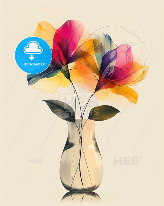 Beige-Hued Floral Symphony with Bold Lines and Gentle Curves - A colorful flowers in a vase