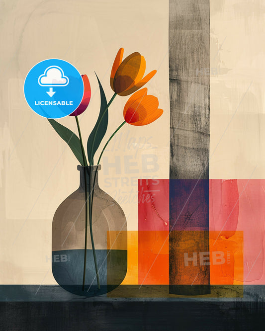 Bold Botany: Line Art Floral on Beige - A vase with flowers in it