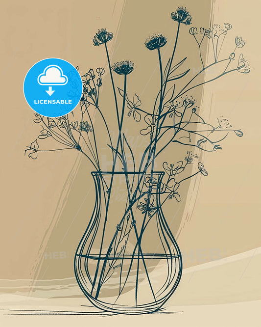 Bold Floral Lines in Beige Hues - A drawing of flowers in a vase