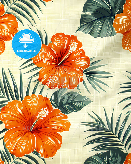 Vibrant Tropical Orange Floral Painting with Hawaiian Shirt Inspired Motif