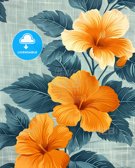 Vibrant Tropical Floral Motif Painting: Close-Up Art Print Inspired by Hawaiian Shirt Style