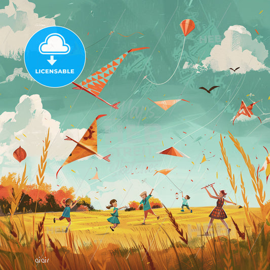 A Group Of Children Flying Kites In A Field