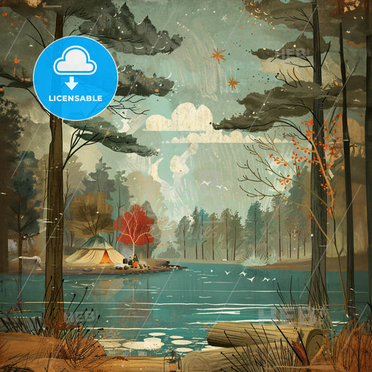 A Painting Of A Lake With Trees And A Tent
