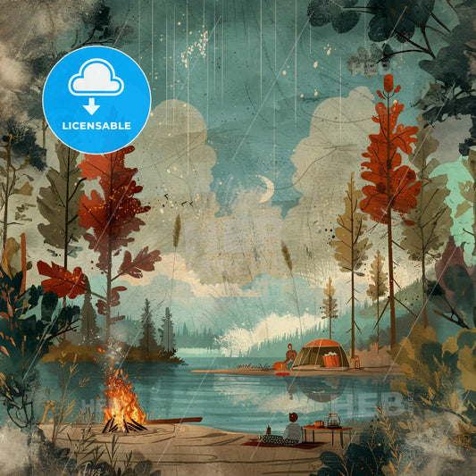 A Painting Of A Lake With A Campfire And People Sitting On It