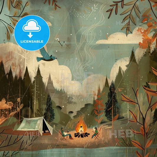 A Group Of People Camping In A Forest