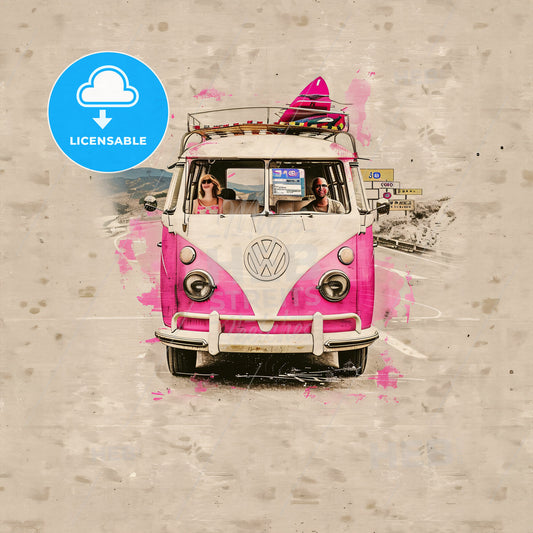 A Pink And White Van With A Surfboard In The Front