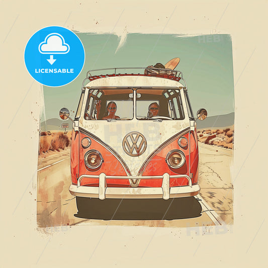 A Red And White Van With A Surfboard On The Roof