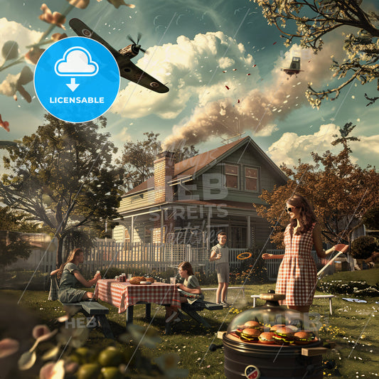 A Group Of People In A Yard With A Plane Flying Over