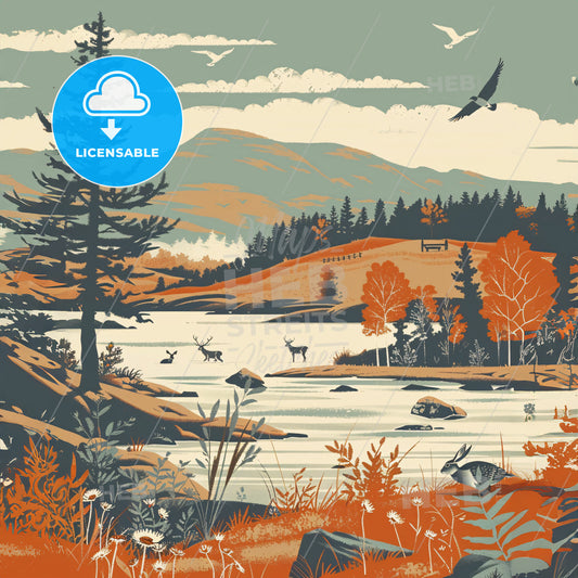 A Lake With Trees And Birds