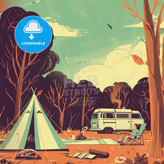 A Person Sitting In A Chair Next To A Tent In A Forest