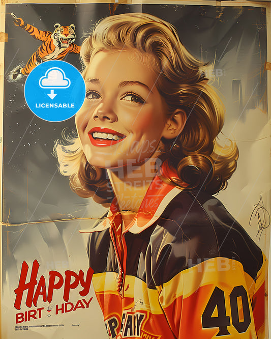 Vintage 1960s Happy Birthday Ice Hockey Ad: Blonde Princess in Tiger Uniform Laughing, Riding Flying Tiger with Wings