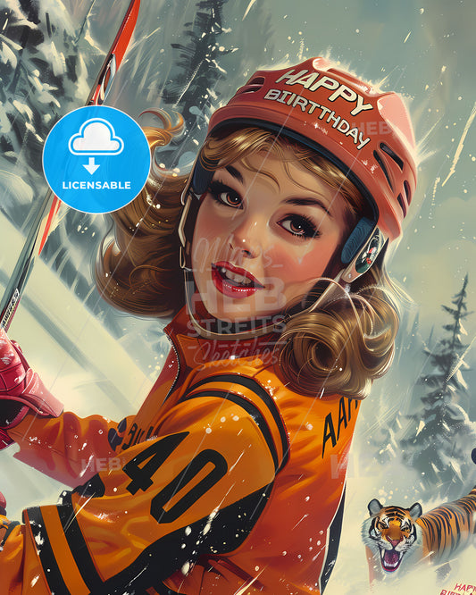 Vintage 60s Happy Birthday Ad: Blonde Princess in Ice Hockey Uniform Riding Flying Tiger, Pop Culture Illustration.