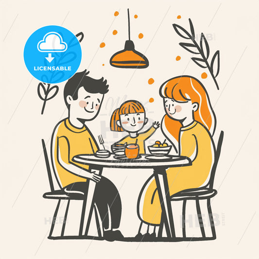 A warm and inviting family dinner scene - A cartoon of a family eating at a table