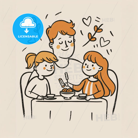 A warm and inviting family dinner scene - A man and two children eating at a table