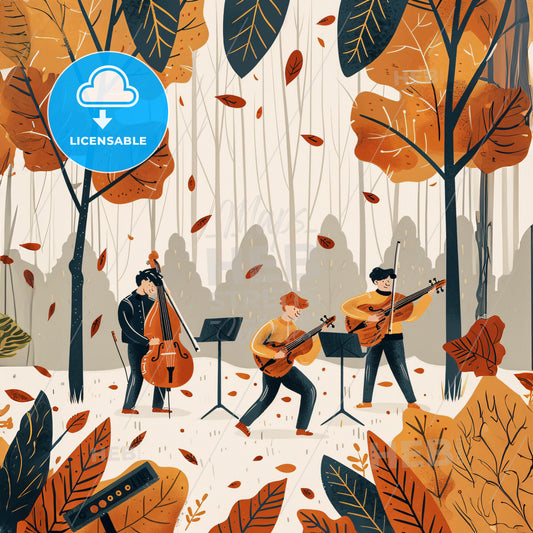 A Group Of People Playing Instruments In The Woods