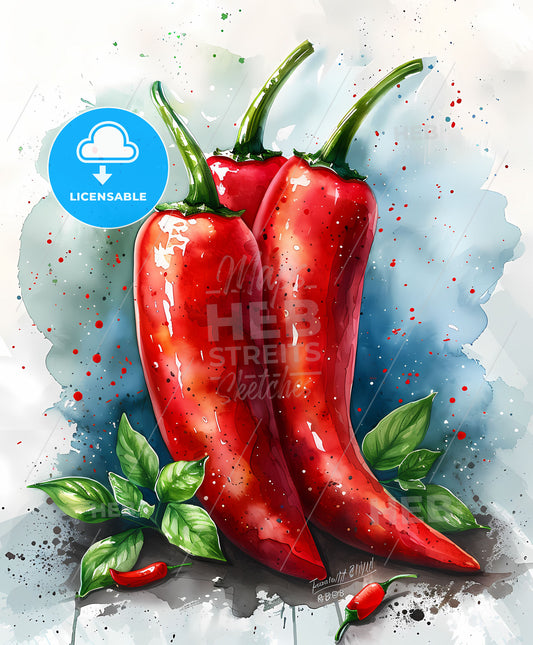 Expressive Watercolor Painting of Red Chili Peppers with Lush Green Leaves on White Background