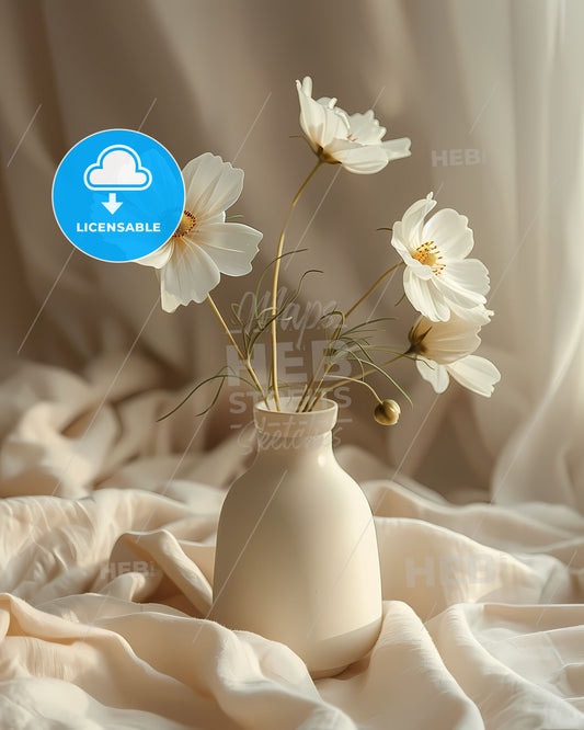 Minimalist Melancholic Still Life: White Flowers in Glass Vase on White Linen