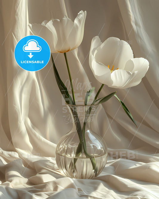 Monochrome Minimalist Floral Still Life: Glass Vase with Two White Flowers, Translucent Water, Asymmetrical Balance