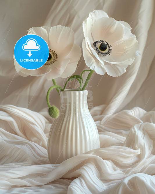 White Vase with Flowers, Minimalist Melancholy, Glass Art, Translucent Water, Asymmetric Balance, Dreamy, Painting
