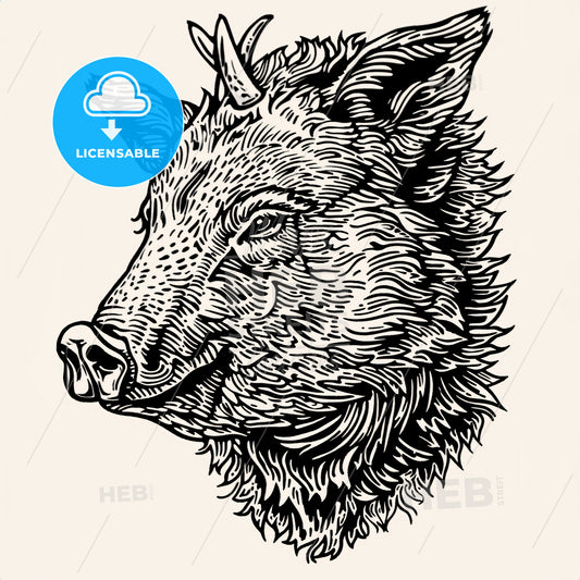A Wild Boar With Tusks - A Black And White Drawing Of A Boars Head