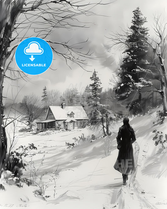 Winter Landscape Painting with Old House, Trees and Snow Scene Person Walking